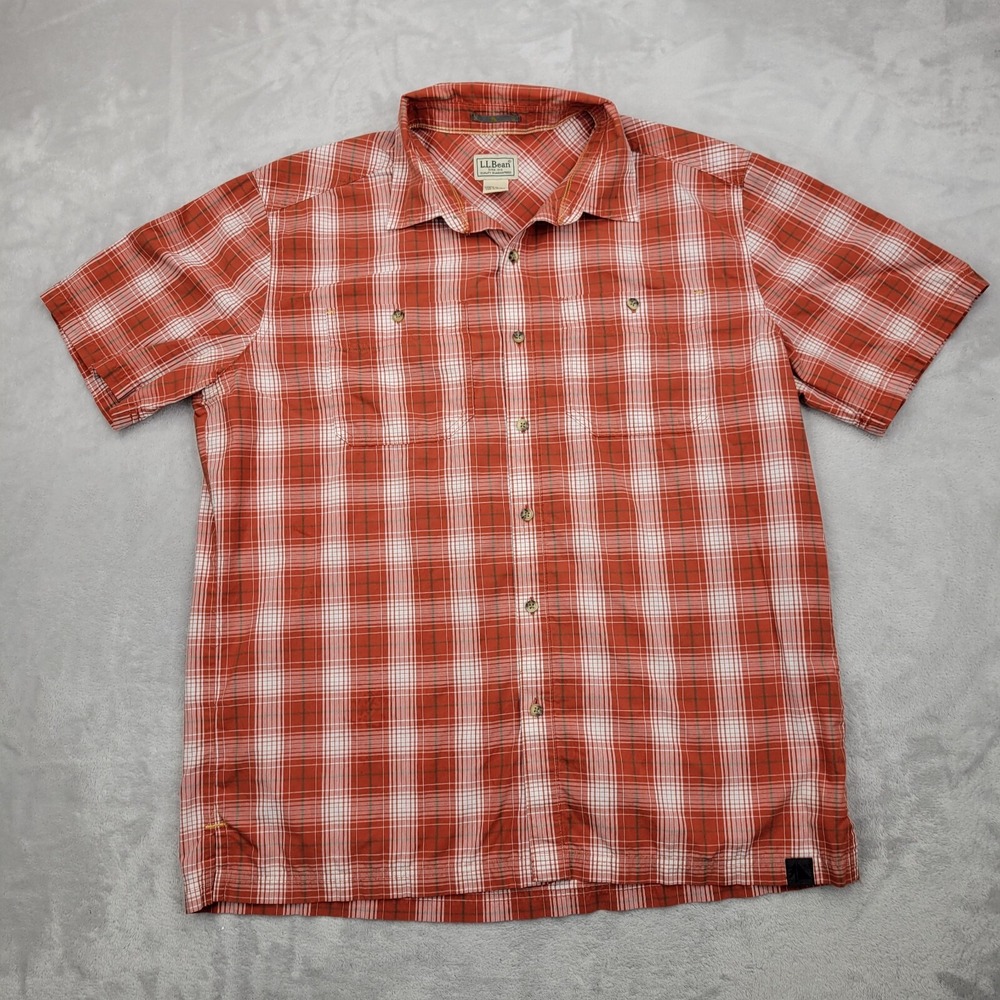 LL Bean Shirt Mens Large Tall Orange Plaid Button Up Office Wrinkleless Adult LT